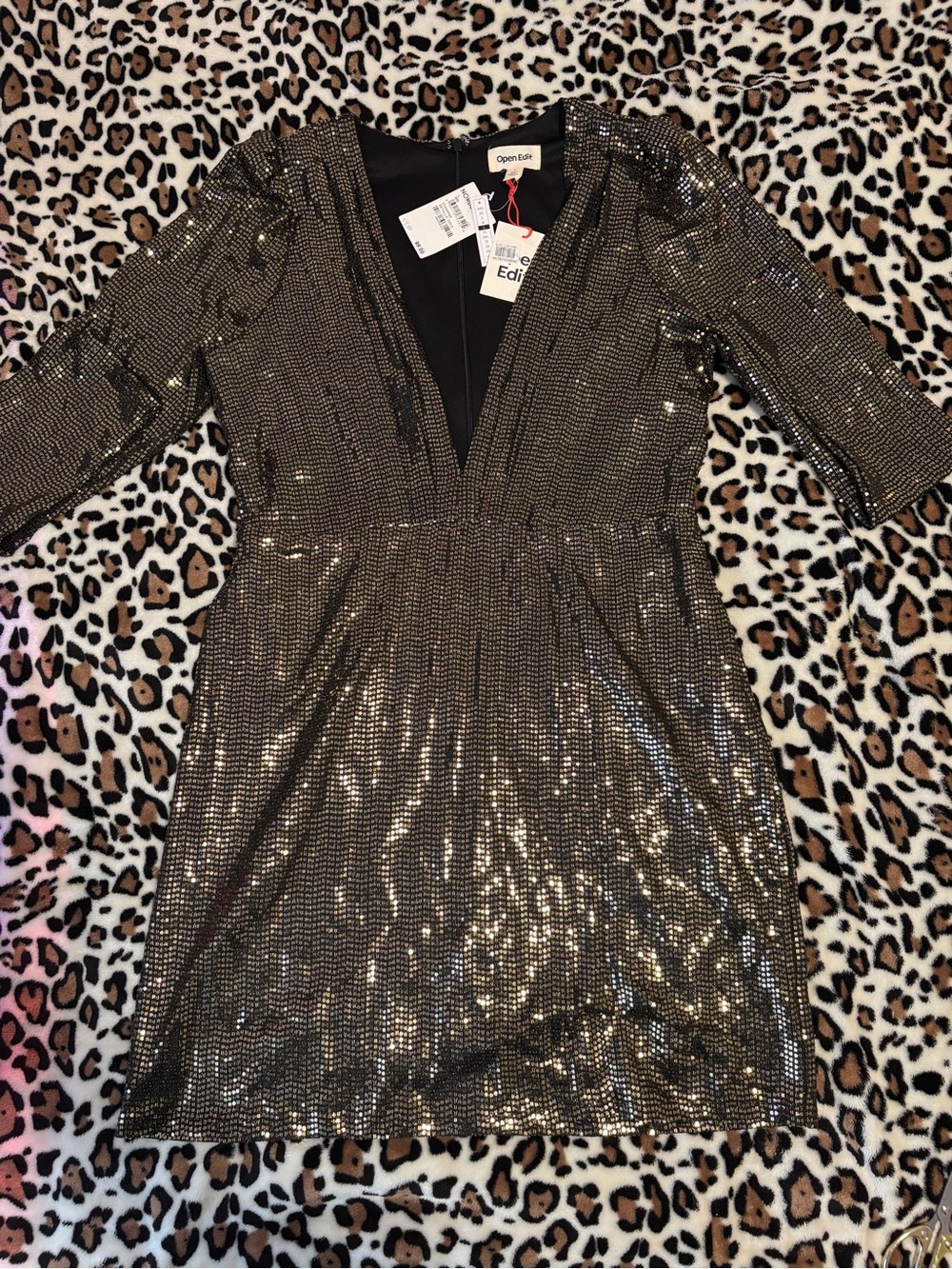 Open Edit Gold and Black Sequin Party Dress